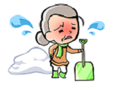 除雪スコップを持った汗だくのおばさんの画像